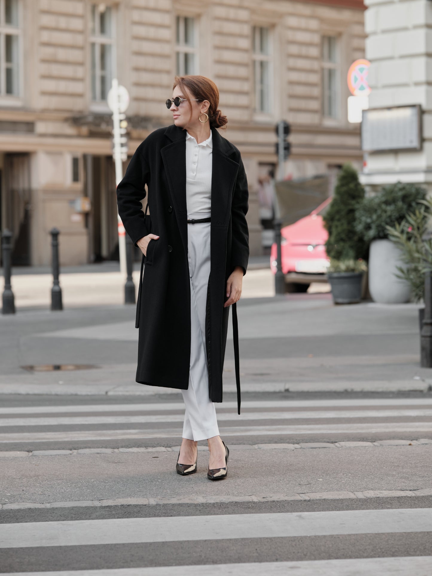 Wool Long coat with belt, Black