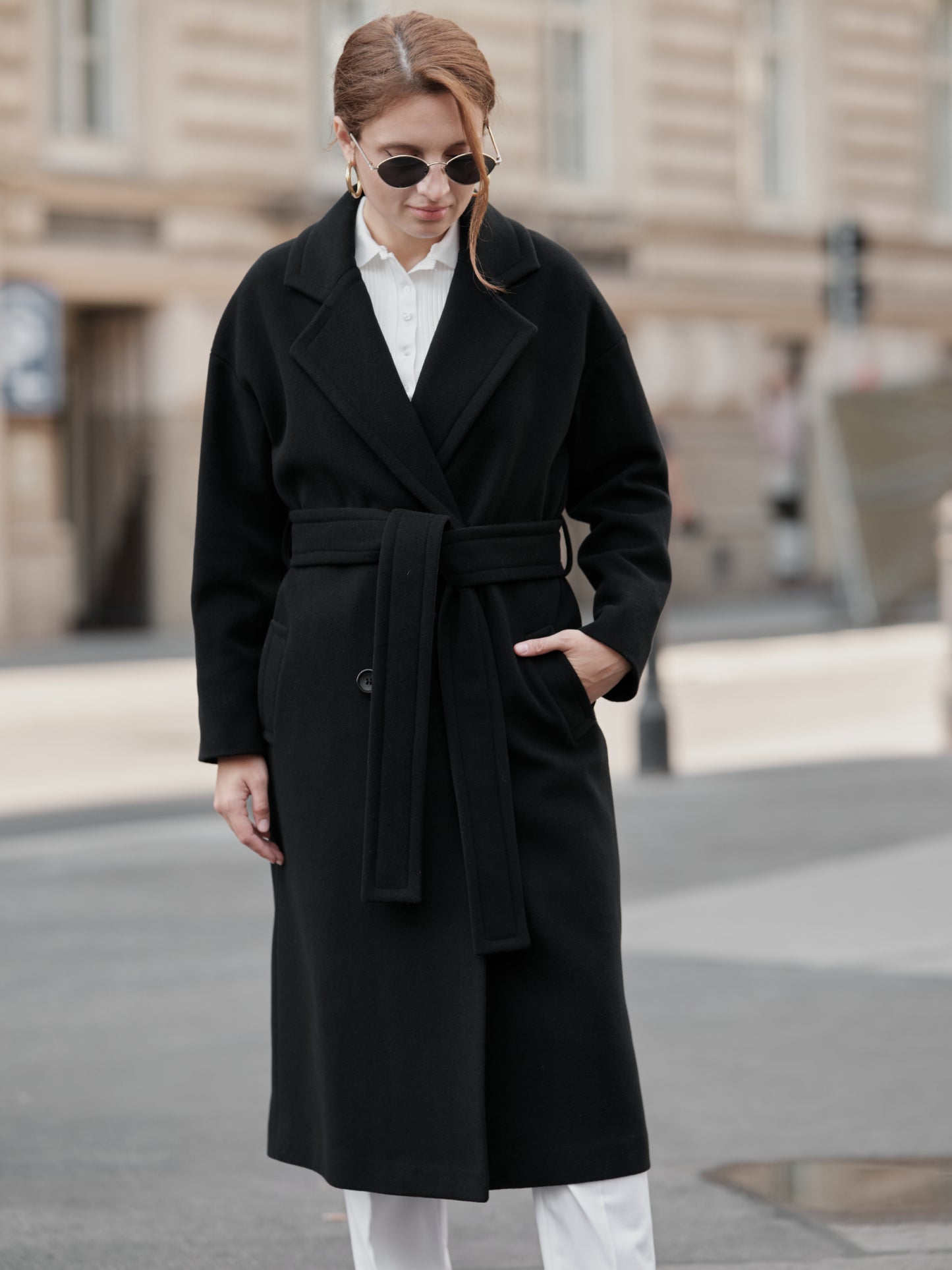 Wool Long coat with belt, Black