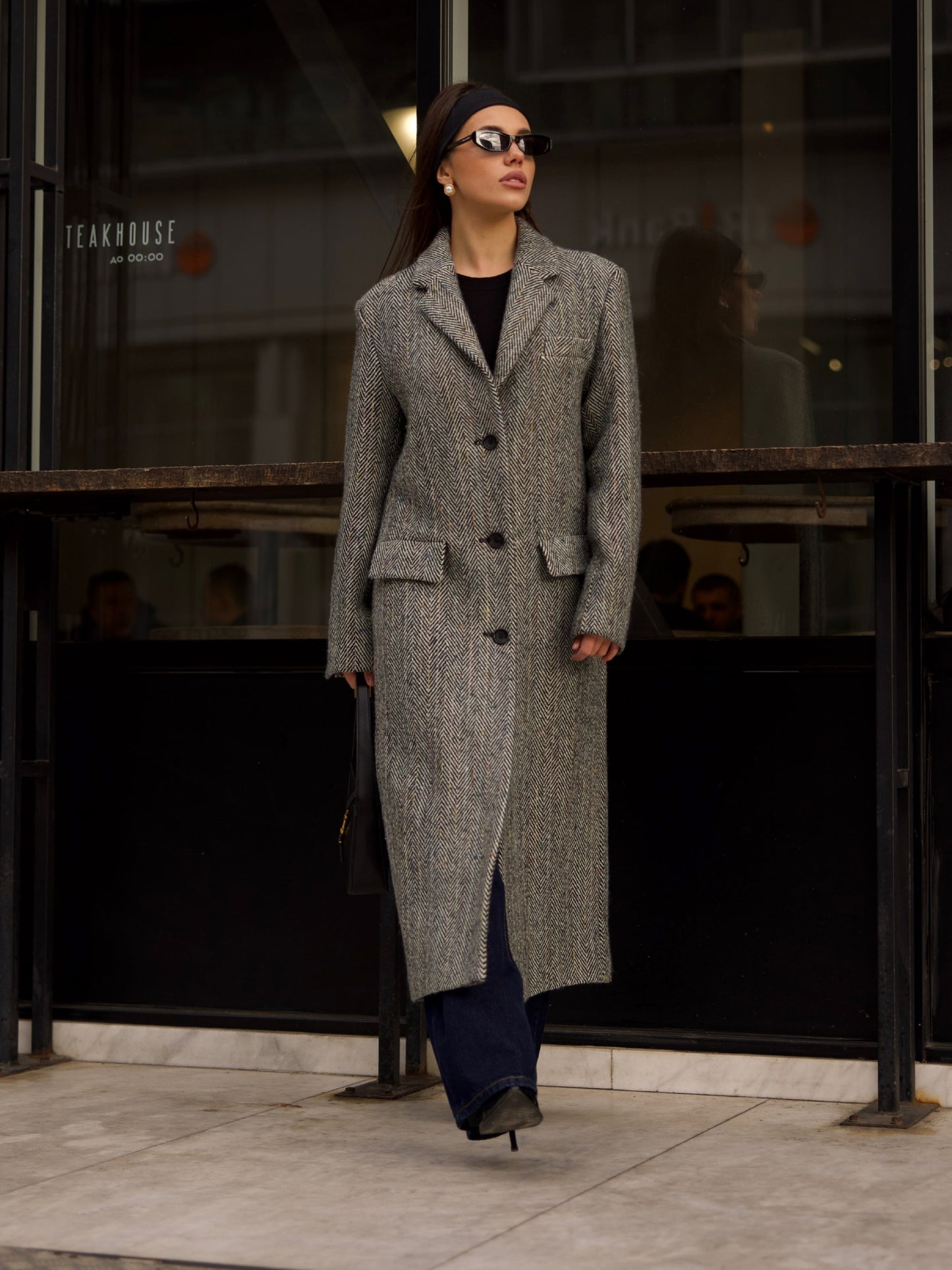 Wool Coat with Masculine Shoulders, Grey Herringbone