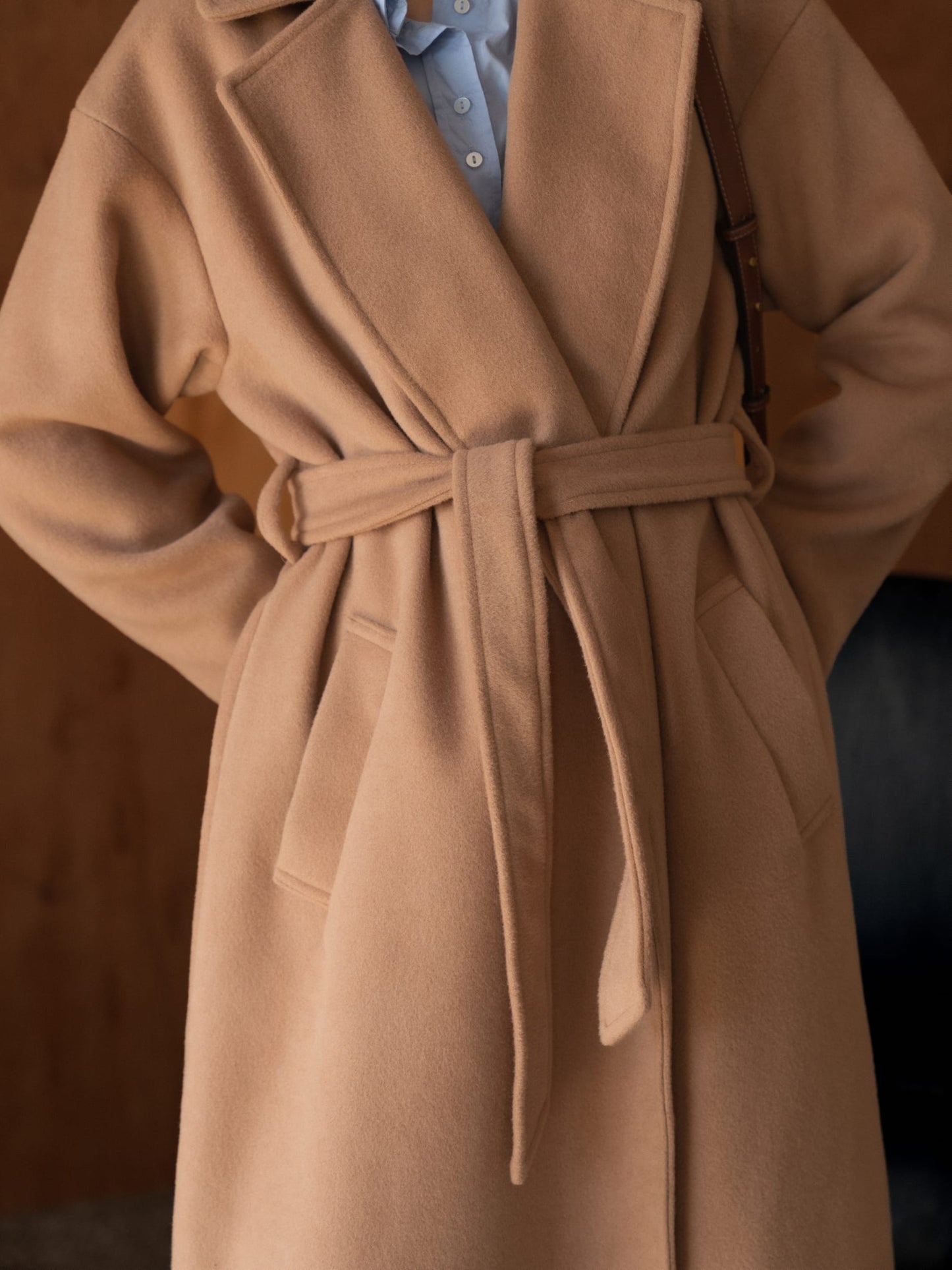 Double-breasted long oversize coat, Camel