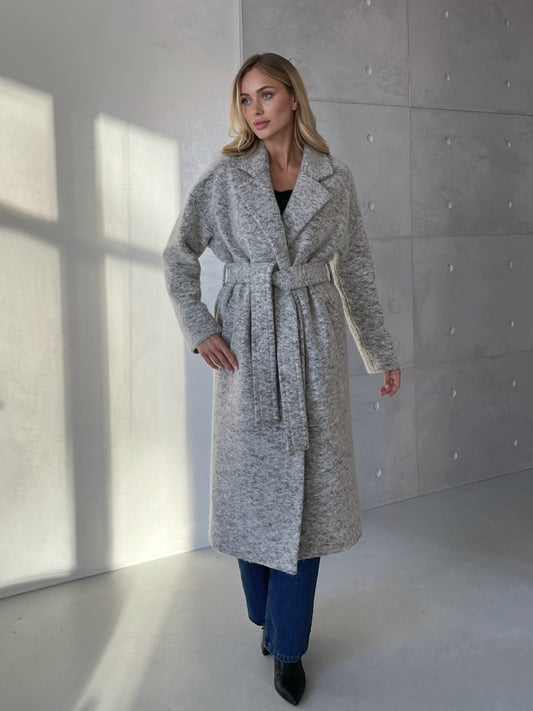 Wool Pile Long coat with belt, Grey