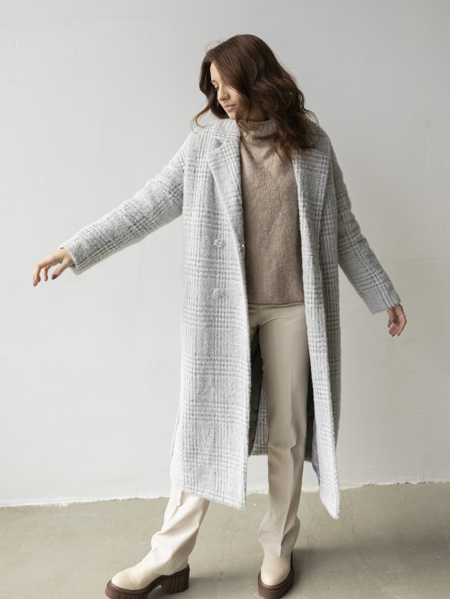 Wool Pile Long coat with belt, Grey Check