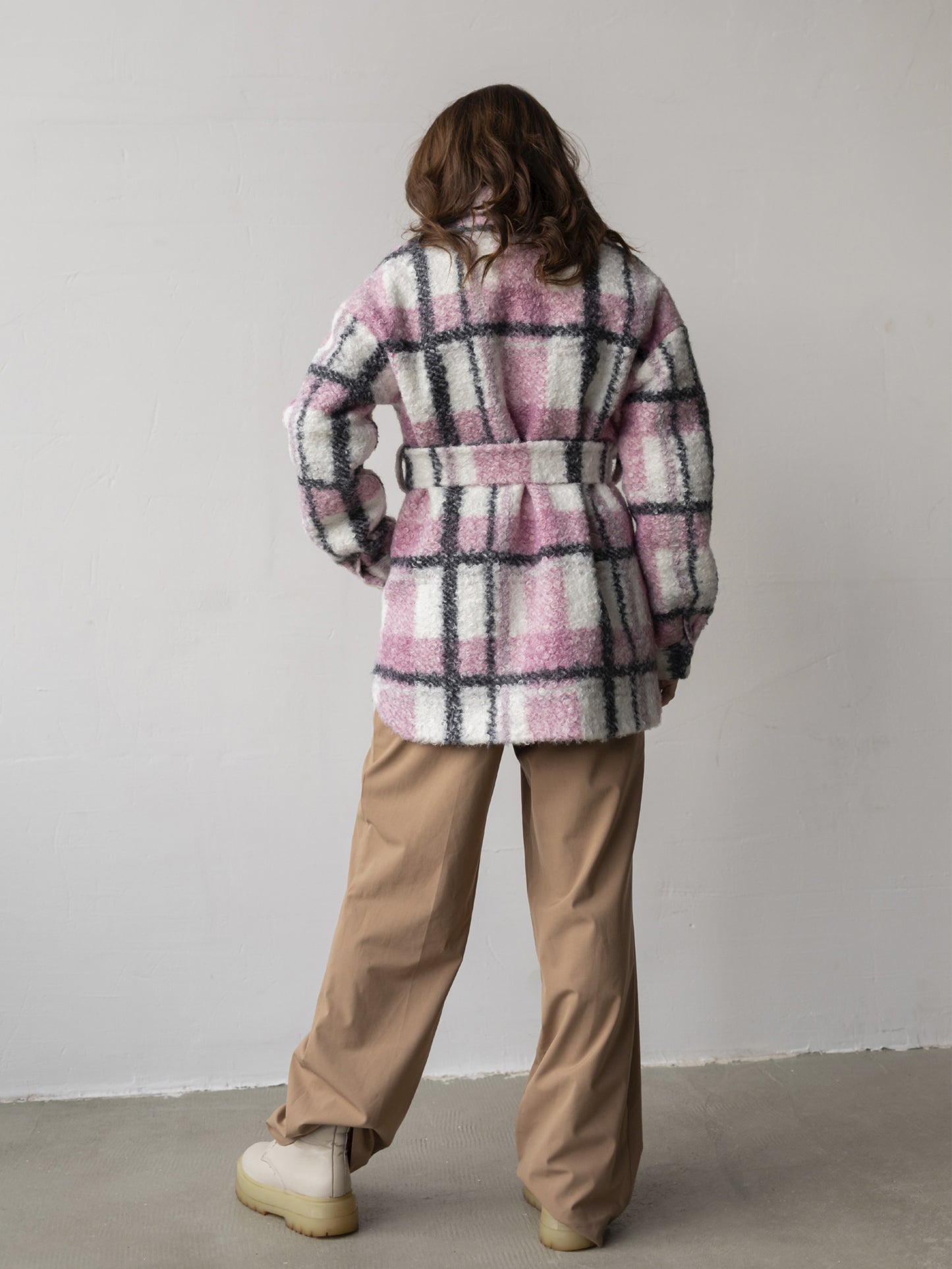 Wool Shirt Jacket Coats, Light Pink Check