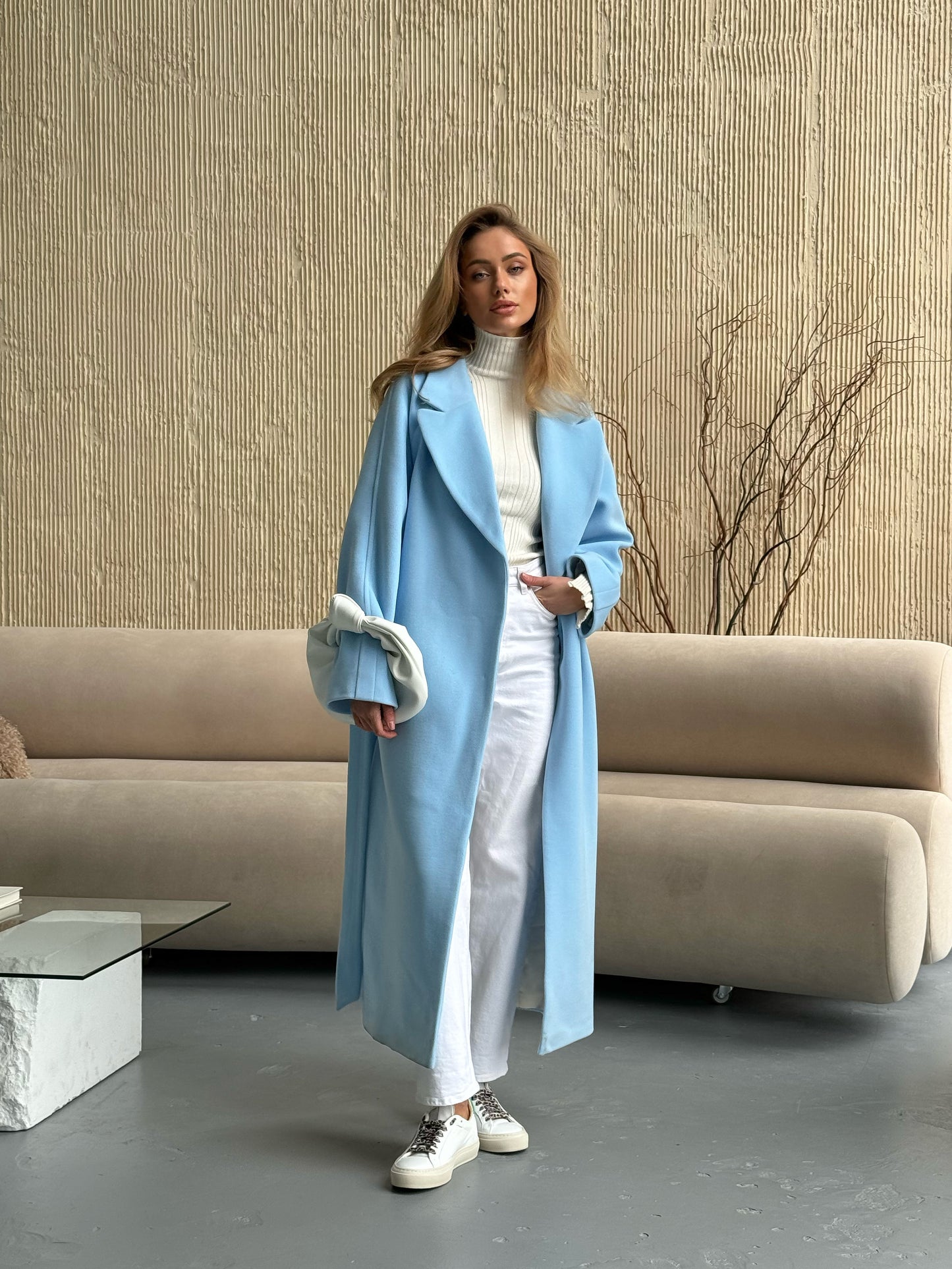 Double-breasted long coat with trim ribbon, blue