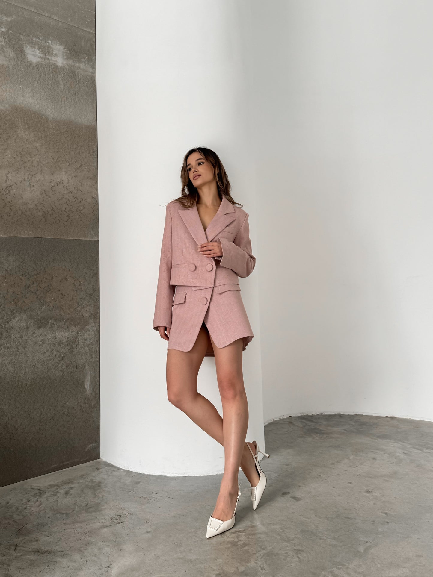 Casual women's suit, jacket and skirt, pink