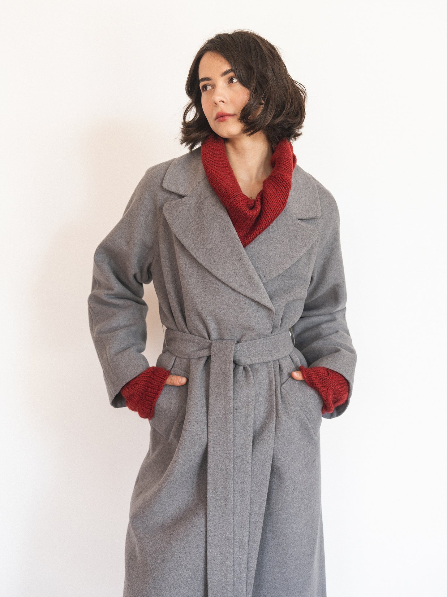 Double-breasted long coat with trim ribbon, Gray