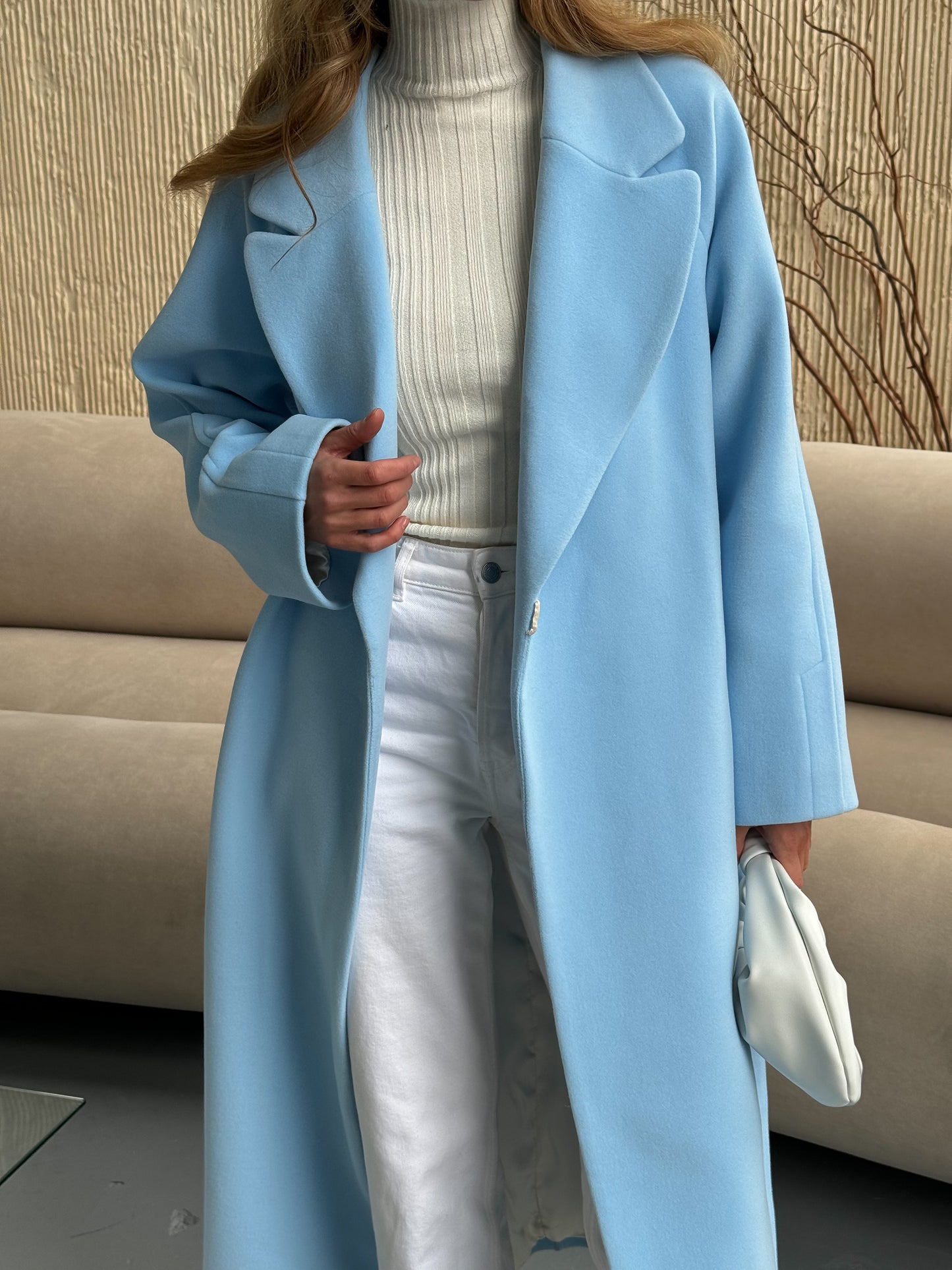 Double-breasted long coat with trim ribbon, blue