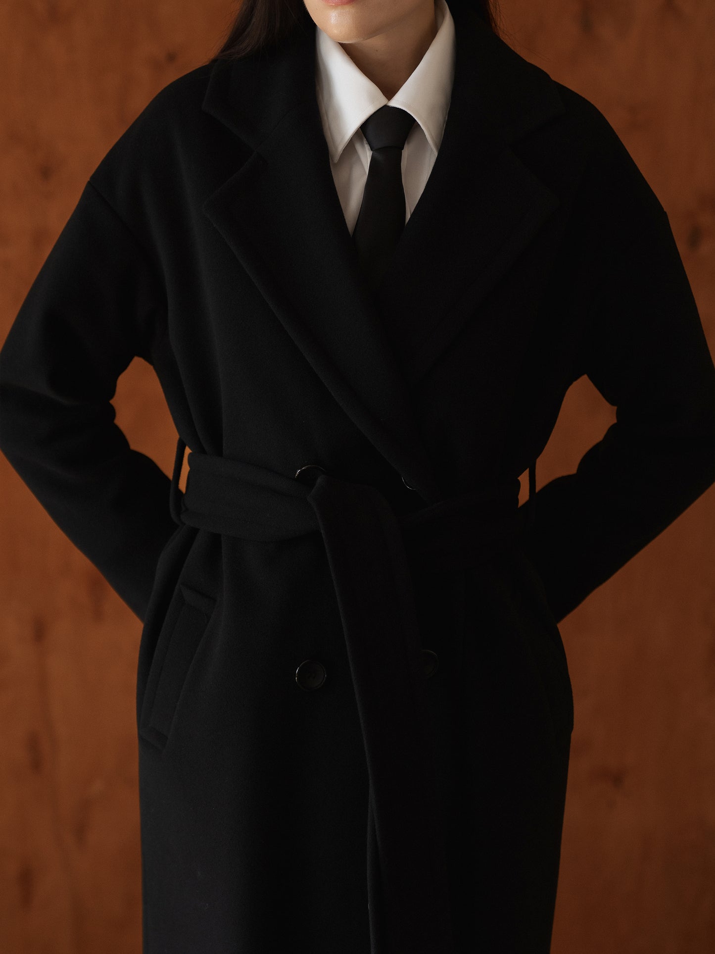 Wool Long coat with belt, Black