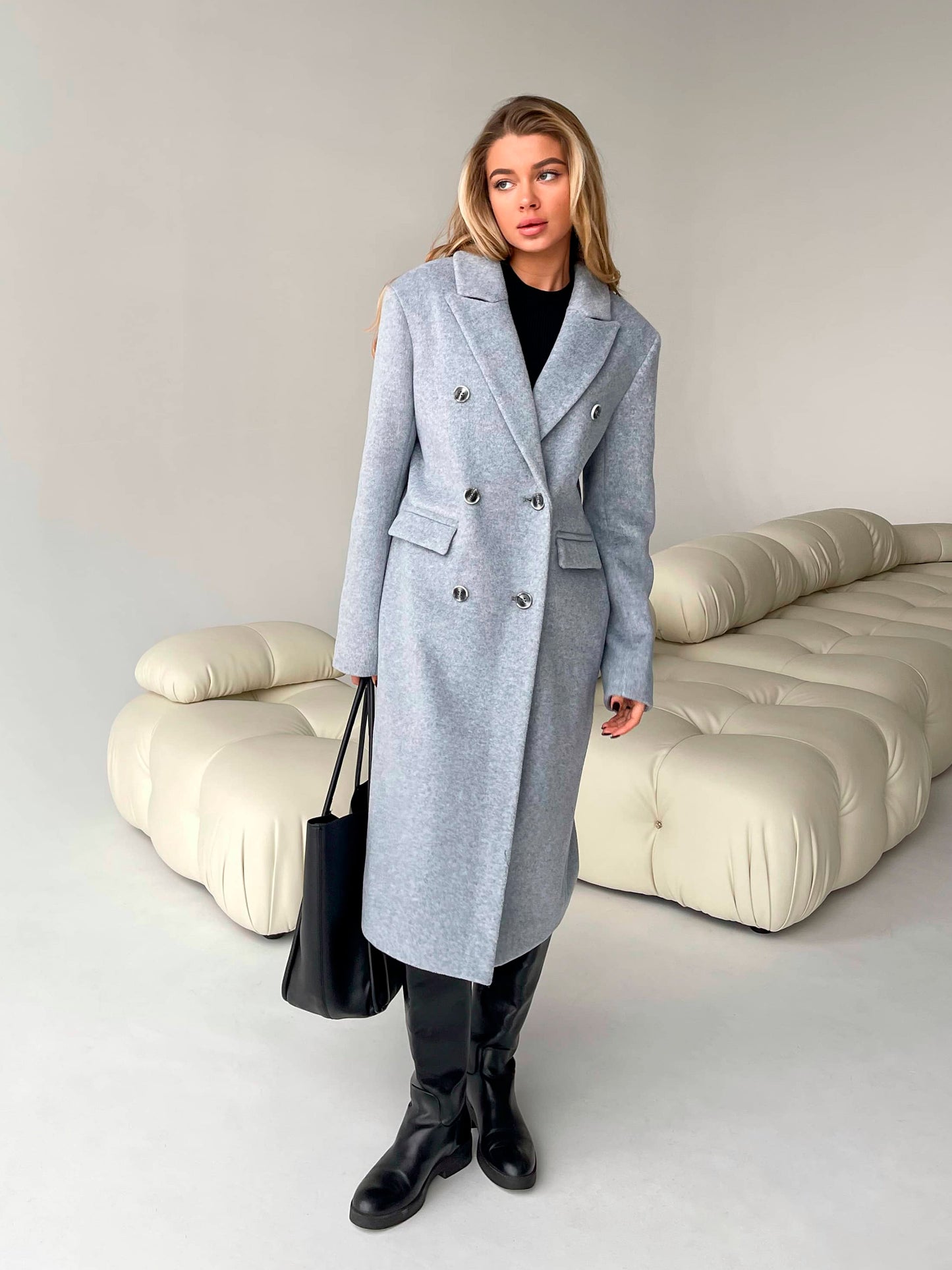 Wool Pile Coat with Masculine Shoulders, Grey